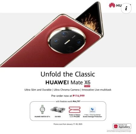 Image of the Huawei Mate X6 phone, showing its design and features. Pre-order price in the Philippines is ₱114,999, with freebies worth ₱44,797. Promo runs from January 17-30, 2025.