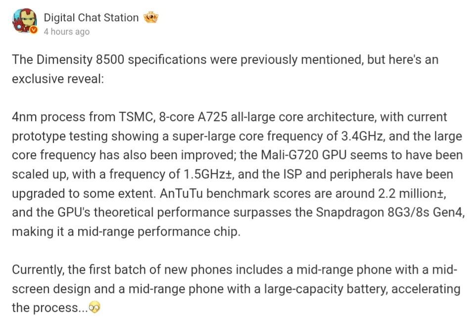 MediaTek Dimensity 8500 Leaked AnTuTu Score Exceeds 2 Million Points 1 Image of a social media post with text outlining the 4nm TSMC process, 8-core A725 architecture, and AnTuTu benchmark scores of the MediaTek Dimensity 8500.