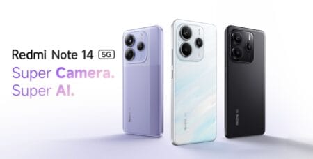 The image shows three Xiaomi Redmi Note 14 5G smartphones in different colors: a purple one on the left, a white one in the middle, and a black one on the right. The phones are all positioned on a white background, with the camera modules facing the viewer. The text "Redmi Note 14 5G" and "Super Camera. Super AI." is displayed at the top of the image.