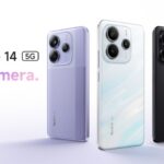 The image shows three Xiaomi Redmi Note 14 5G smartphones in different colors: a purple one on the left, a white one in the middle, and a black one on the right. The phones are all positioned on a white background, with the camera modules facing the viewer. The text "Redmi Note 14 5G" and "Super Camera. Super AI." is displayed at the top of the image.