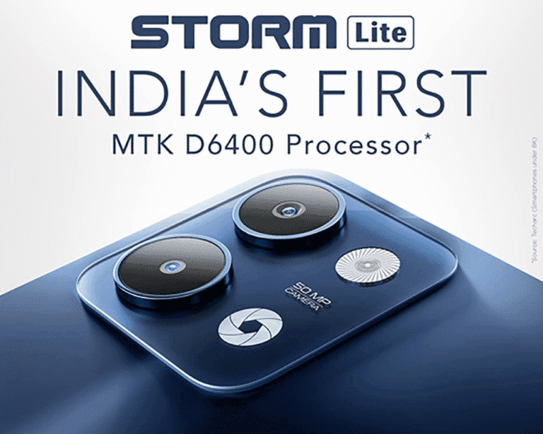 The back of the Lava Storm Lite 5G smartphone, showcasing its triple-camera system with a prominent 50MP main lens and the text "INDIA'S FIRST MTK D6400 Processor" above.