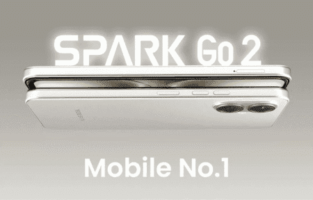 ‎A silver Tecno Spark Go 2 smartphone is shown, slightly angled, with the brand name prominently displayed above.