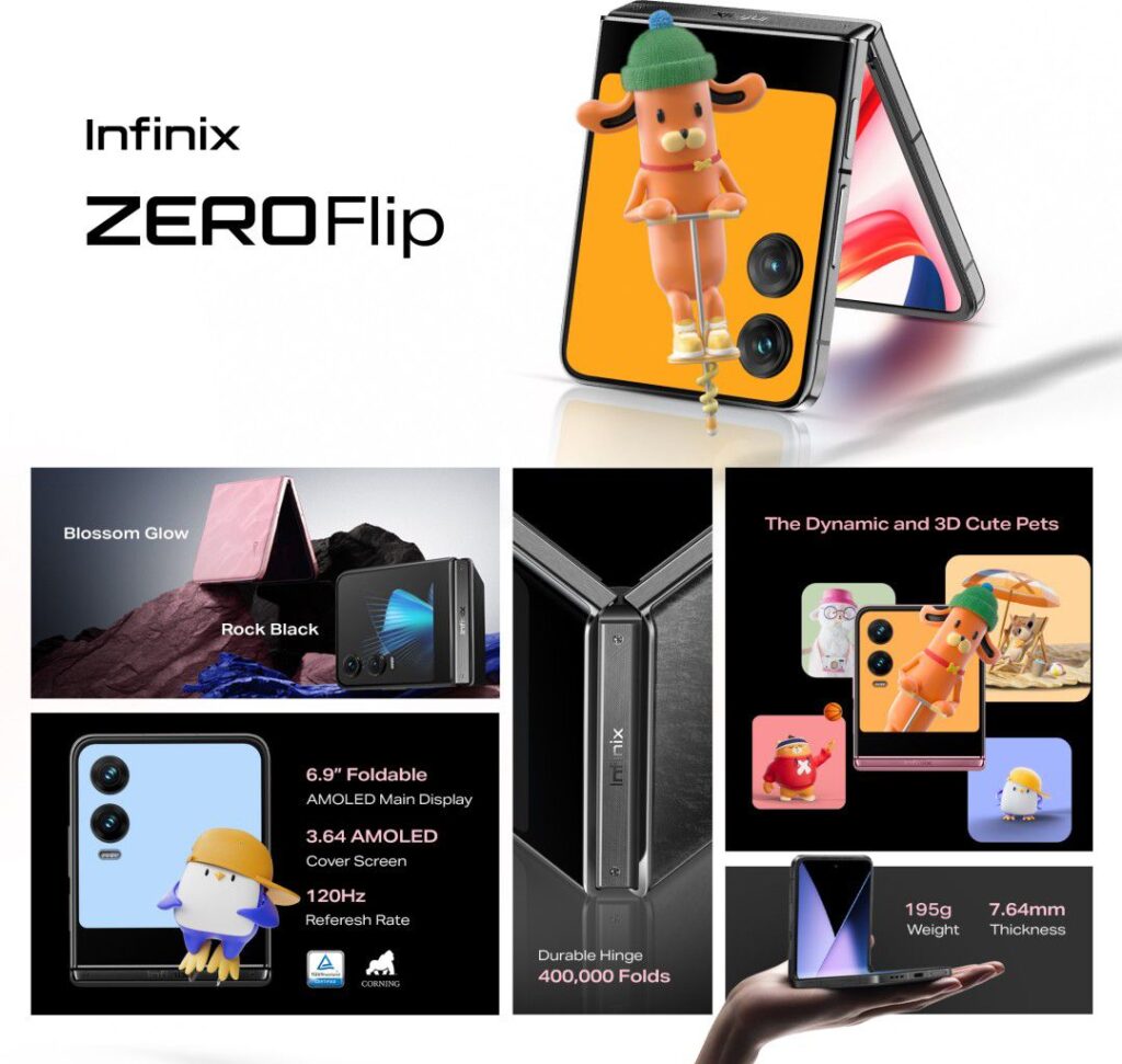 a poster of a fodable phone indicate the name infinix zero flip 5g and showing the display specifications