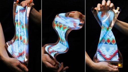 Three images showcase an LG stretchable display. The display is shown being stretched, bent, and folded, highlighting its ability to conform to various shapes while maintaining image clarity.