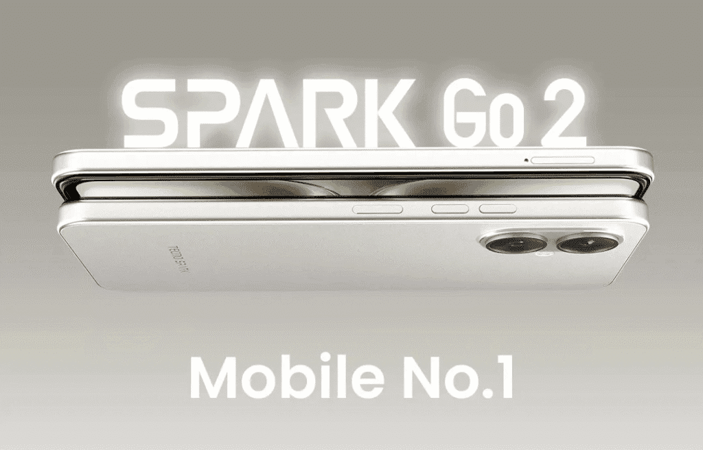 Tecno Spark Go 2 Specs: 6.67" HD+ IPS LCD, Unisoc T7250, and IP64 Rating 1 A silver Tecno Spark Go 2 smartphone is shown, slightly angled, with the brand name prominently displayed above.