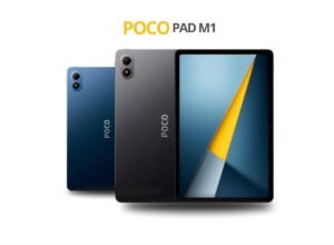 Image of the POCO Pad M1 in blue and gray, showcasing the dual rear cameras and display.