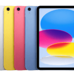 Apple iPad 11th generation with A16 chip shown in silver, yellow, pink, and blue color options, featuring a single rear camera and a front display with colorful abstract wallpaper.