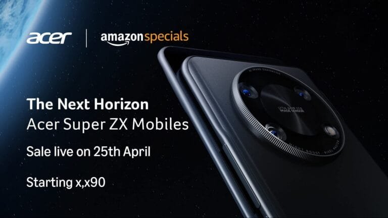 A promotional image for the Acer Super ZX Mobiles. The image shows a close-up of the phone's camera module, highlighting its design and features. The phone is displayed against a backdrop of space, emphasizing a sense of innovation and technology. Text indicates a sale starting April 25th, with a starting price of x,x90.