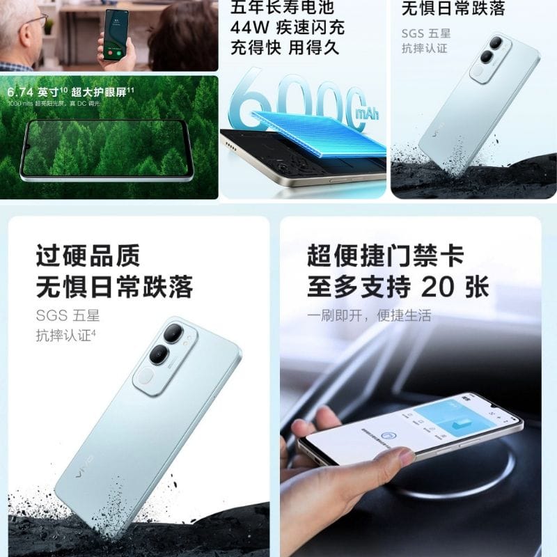 Vivo Y50 5G Launched in China with Massive 6,000mAh Battery 2 Collage showcasing key features of the Vivo Y50 smartphone. Highlights include its large 6000mAh battery with 44W fast charging, its durability (SGS five-star drop test certified), and its ability to store up to 20 transit cards for convenient contactless payment.