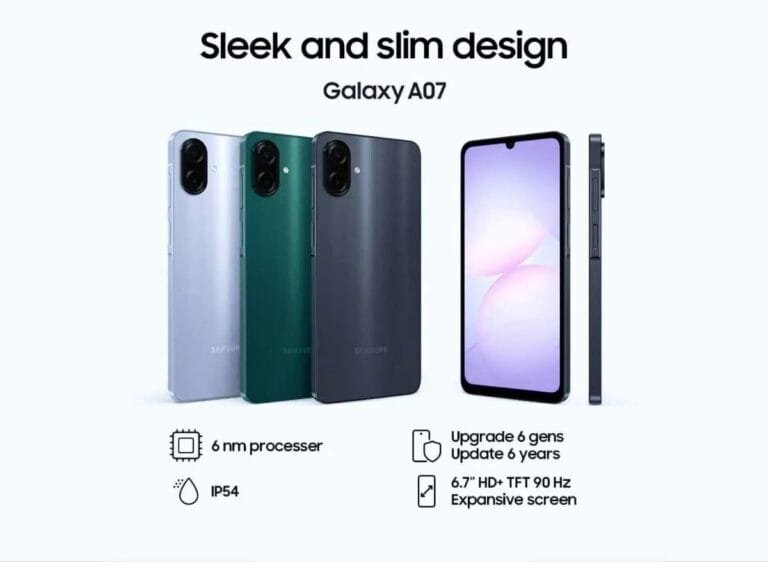 Image of the Samsung Galaxy A07 4G showcasing its slim design, available in three colors, with key specs highlighted: 6nm processor, IP54 rating, 6 years of updates, and a 6.7-inch HD+ TFT 90Hz screen.