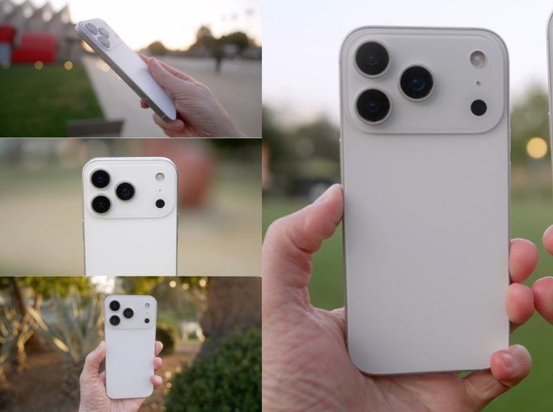 Multiple views of a white iPhone 17 Pro prototype held in a hand, highlighting the horizontal camera arrangement and clean design.