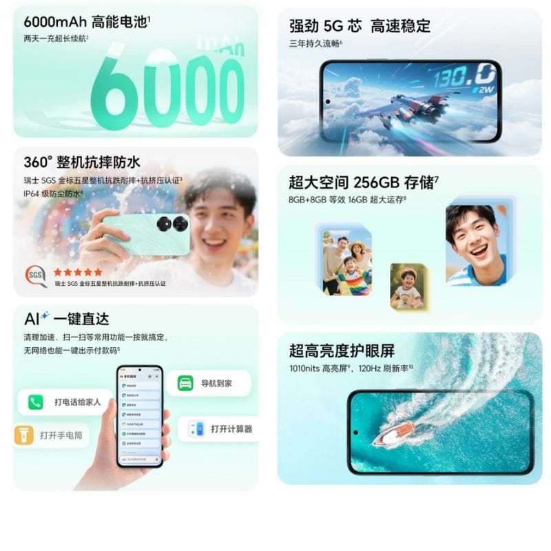Honor Play 10c | 6.61" LCD Display, Dimensity 6300, and 6,000mAh Battery 2 Promotional material showcasing the Honor Play 10c's battery life, storage capacity, water resistance, and display brightness.