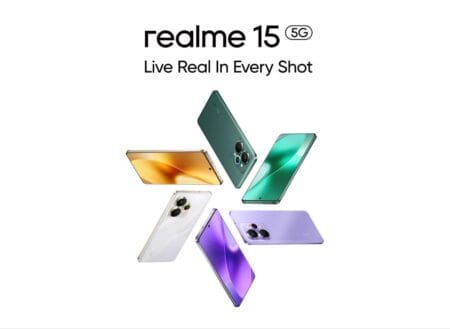 Image of the Realme 15 5G smartphone showcasing multiple color options arranged in a circular pattern.