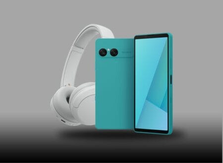 Image of the Sony Xperia 10 VII in a teal color variant, positioned next to a pair of white Sony headphones.