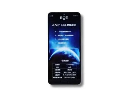 BOE ADS Pro: A New IPS LCD for Entry-Level Phones Image of a smartphone featuring BOE's Ads Pro IPS LCD, highlighting its 1.5K resolution, adaptive refresh rate, 30Hz low refresh for battery saving, and partitioned refresh technology. Technical specifications include 1224*2720 resolution, 443 PPI, and 30-120/240Hz refresh rate.
