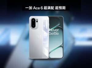 Image of the OnePlus Ace 6, showcasing its white color, rear camera setup, and "Never Settle" display.