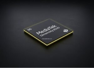 A sleek, stylized rendering of the MediaTek Dimensity 8500 chip with glowing edges, set against a dark background.