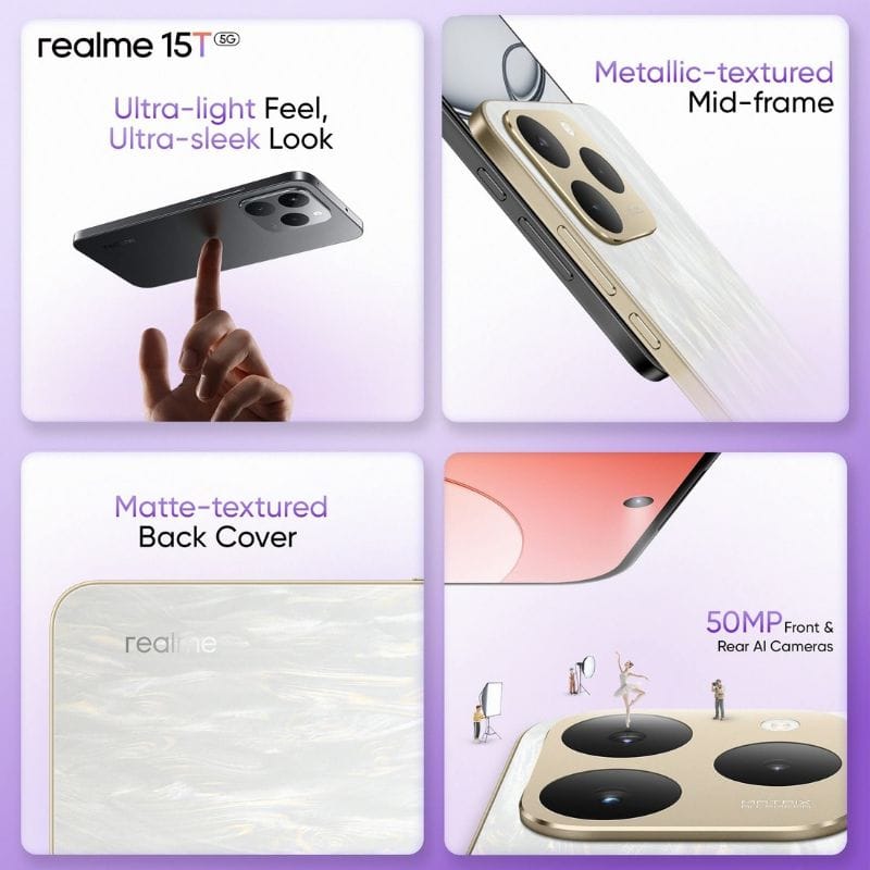 Realme 15T Set for Launch on Wednesday, October 8, 2025, in the Philippines 2 Collage showcasing the Realme 15T's design and features, including its lightweight build, metallic frame, matte back cover, and 50MP cameras.