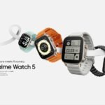 A promotional image of the Realme Watch 5 showing multiple smartwatches with different colored straps—light blue, orange, gray, and black—displaying various screens such as fitness tracking, time, and health data, set against a plain background.