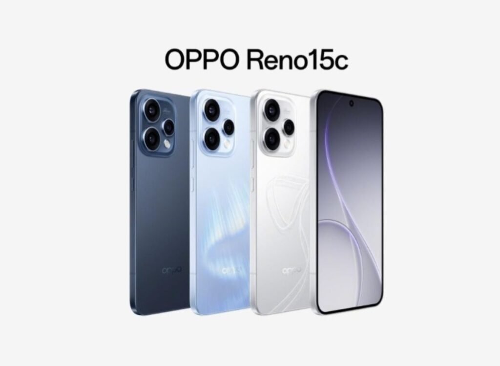 A lineup of Oppo Reno 15c smartphones in various colors (navy, light blue, and white) are displayed against a clean white background. The white version features a subtle ribbon design on the back. The image showcases the phone's camera module and sleek design. The phone on the far right shows the front display, with a minimalist graphic.