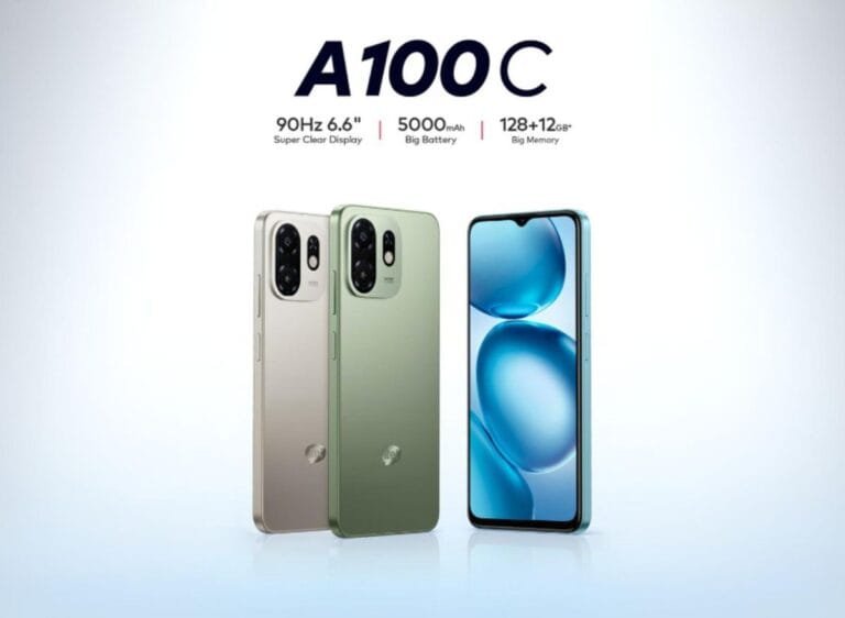 Promotional image of the iTel A100C showcasing its 6.6" display, large 5000mAh battery, and ample 128GB + 12GB memory.