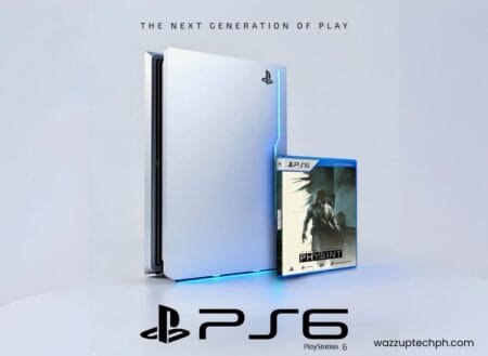 A sleek, white PlayStation 6 (PS6) console standing next to a game case, with blue lighting accents.