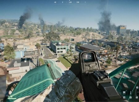 Battlefield 6 RedSec gameplay: A player aims down sights from a high vantage point, showing a town with distant smoke plumes, indicating active combat.