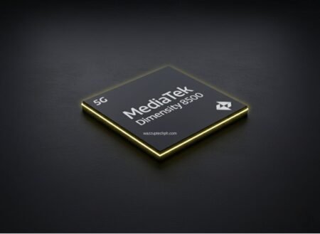 MediaTek Dimensity 8500 Leaked AnTuTu Score Exceeds 2 Million Points A sleek, stylized rendering of the MediaTek Dimensity 8500 chip with glowing edges, set against a dark background.