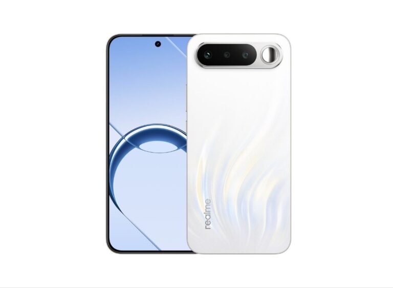 realme 16 5G (White Swan): glossy white back with wavy finish, horizontal rear camera strip, front punch-hole display.
