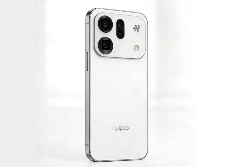 Rendered image of the Oppo Find X9s showing a white rear panel with a rectangular camera module, featuring three rear cameras, an LED flash, and Hasselblad branding, with a flat metal frame and Oppo logo at the bottom.