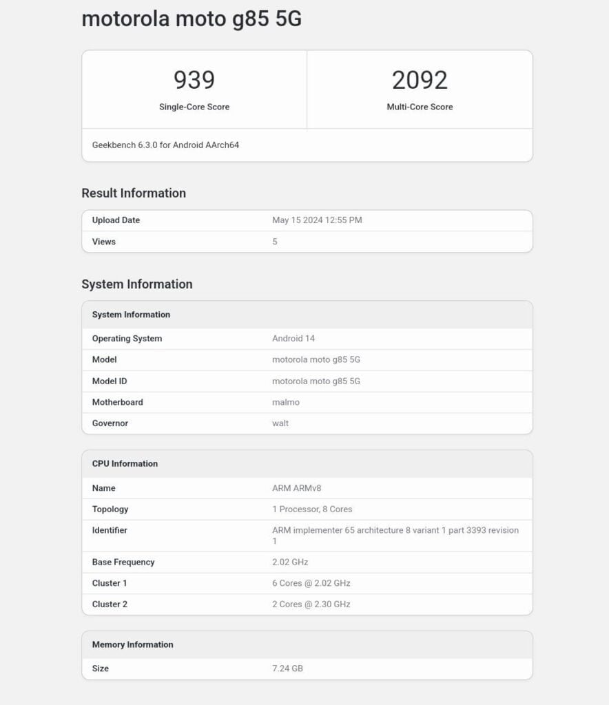 geekbench score of motorola g85 5g