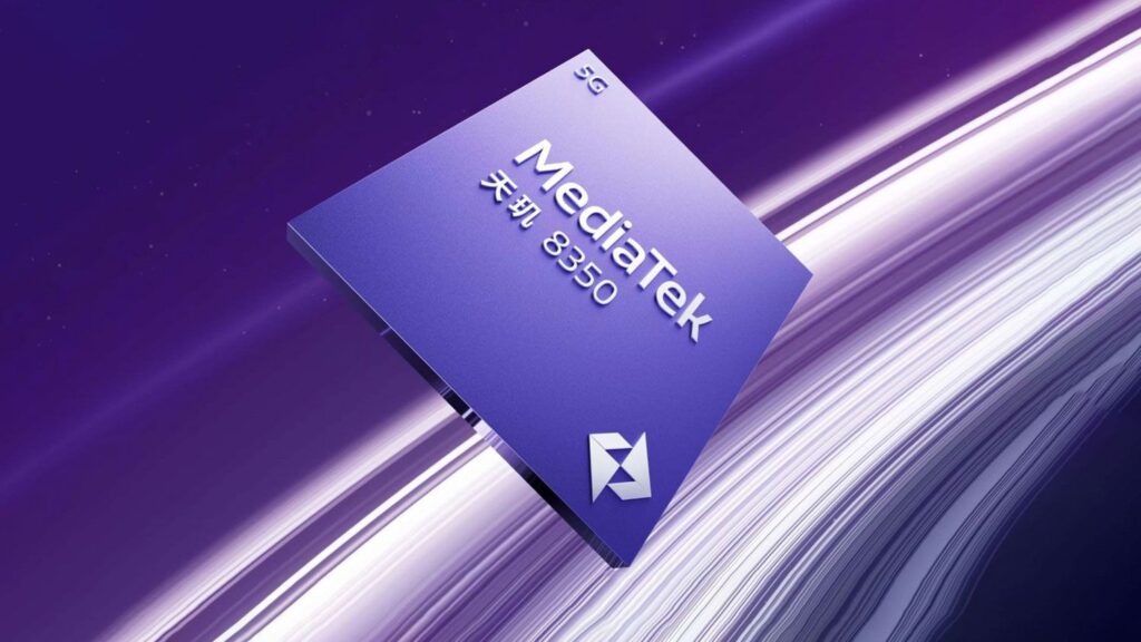 A close-up, digitally rendered image showcases a purple square chip labeled "MediaTek 8350" and a small, stylized logo. The chip is positioned against a backdrop of swirling, abstract purple and white lines, suggesting movement or speed. The overall aesthetic is sleek and modern, emphasizing the technological nature of the depicted chip.