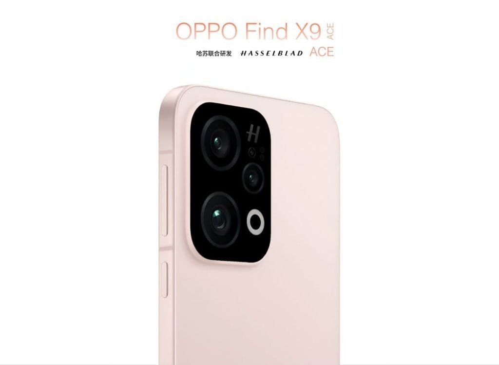 Oppo Find X9 Set for October 2025 Launch with Dimensity 9500 1 Close-up of the Oppo Find X9 rear camera module, showcasing a square array of lenses and a sleek, minimalist design in a light pink color.