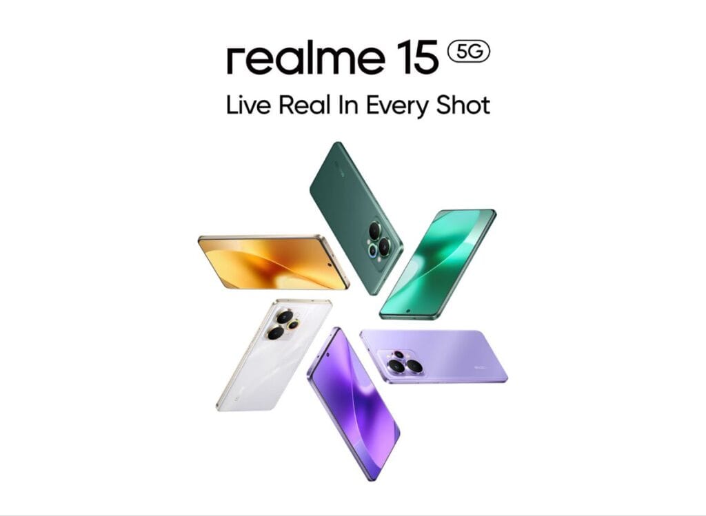 Realme 15 5G Arrives in the Philippines with Massive Battery and Dimensity 7300+ 1 Image of the Realme 15 5G smartphone showcasing multiple color options arranged in a circular pattern.
