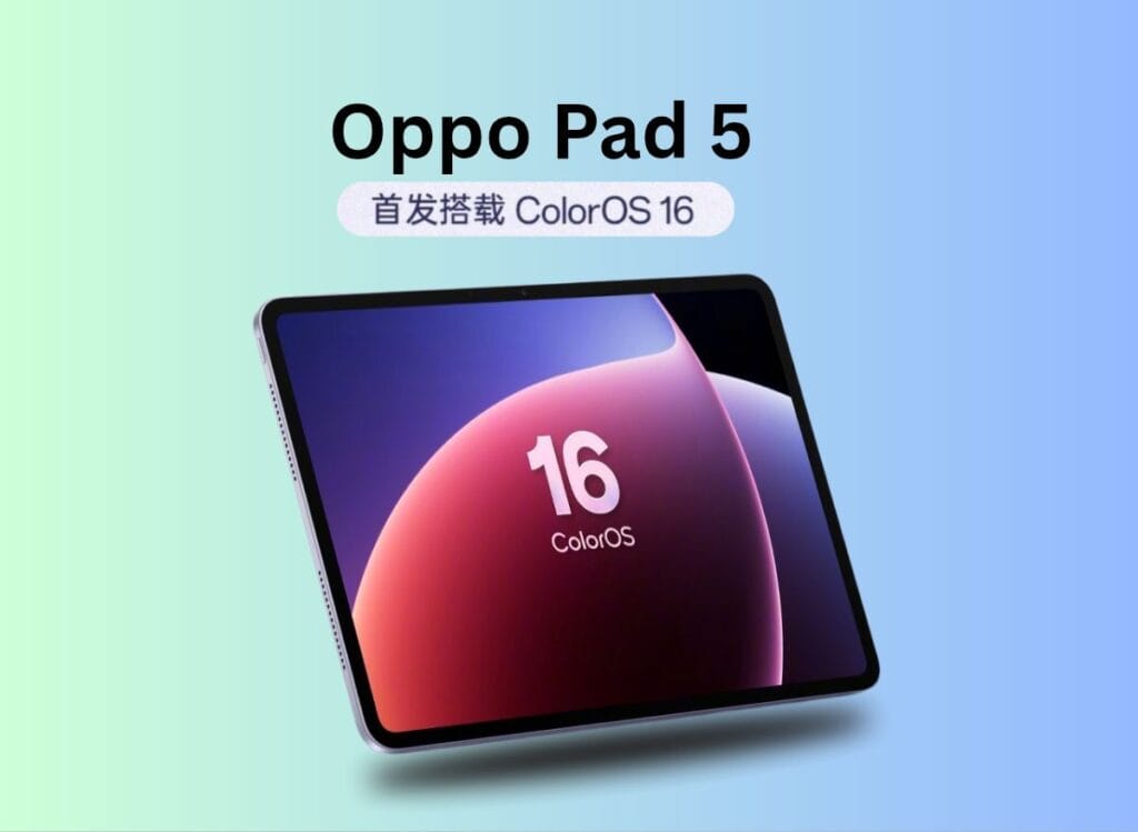 The Oppo Pad 5 Launch Date Set for October 16, 2025 1 Promotional image of the Oppo Pad 5 tablet with a gradient background, showcasing the ColorOS 16 interface.