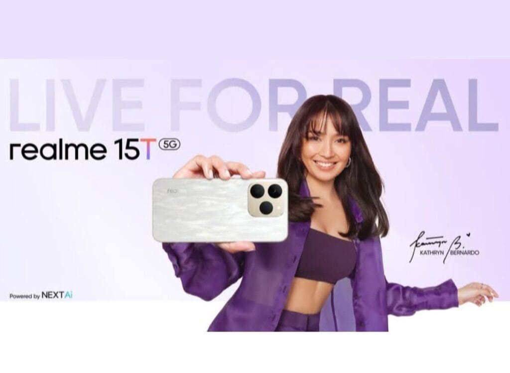 Realme 15T Set for Launch on Wednesday, October 8, 2025, in the Philippines 1 Advertisement for Realme 15T featuring Kathryn Bernardo holding the phone, with the tagline 'Live for Real'.
