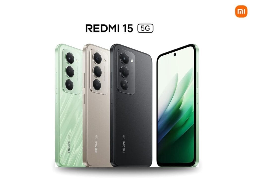 Redmi 15 5G Price in the Philippines Starting at ₱7,999 1 Three Redmi 15 5G smartphones in different colors (green, gold, black) standing side-by-side.