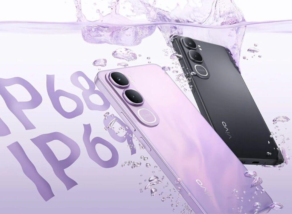 Vivo Y21d Price in the Philippines Starts at ₱6,999 1 Promotional image of the Vivo Y21d, highlighting its waterproof features with splashes of water. Two phones are shown: one in Lavender Purple and one in Glowing Black, with 'IP68 IP69' graphic over...