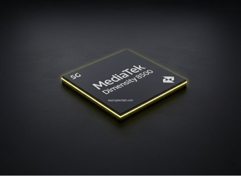 MediaTek Dimensity 8500 Leaked AnTuTu Score Exceeds 2 Million Points A sleek, stylized rendering of the MediaTek Dimensity 8500 chip with glowing edges, set against a dark background.