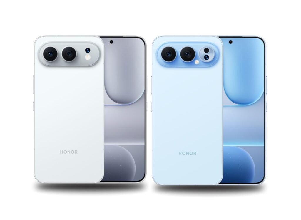 Honor 500 Pro with Snapdragon 8 Elite Now Available for Pre-Order 2 Side-by-side view of the Honor 500 (left, white) and Honor 500 Pro (right, blue), showcasing their flat displays with hole-punch cutouts and horizontal camera modules.