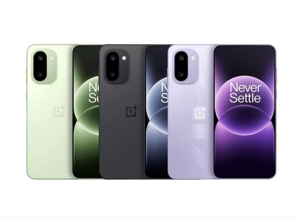 Five OnePlus Ace 6T phones in various colors arranged side by side, showing the rear cameras and the front screens with "Never Settle" wallpaper.