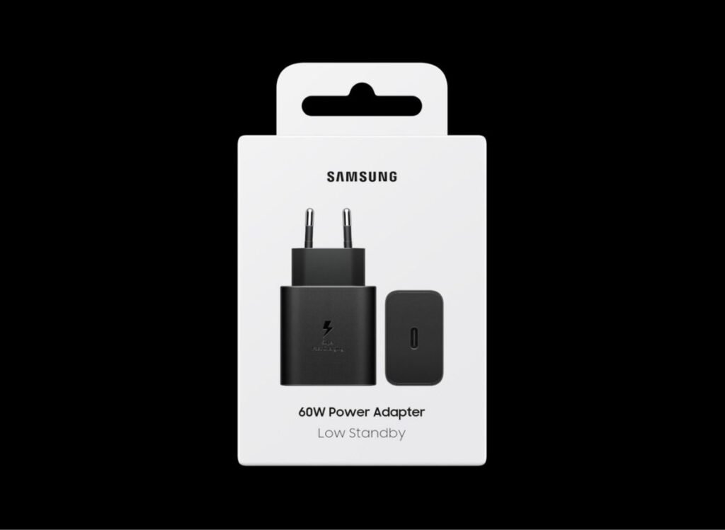 Image of the packaging for the Samsung 60W Power Adapter, showing the charger and USB-C port