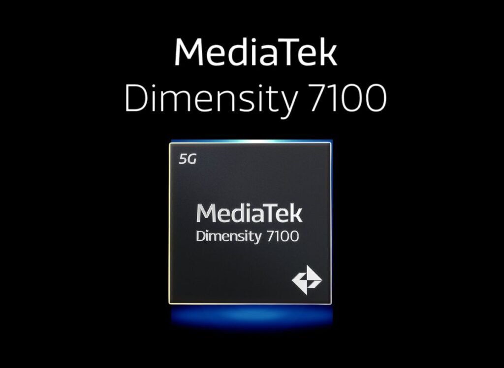 MediaTek Unveils Dimensity 7100: 6nm Chip for Midrange 5G Phones 1 A promotional image of the MediaTek Dimensity 7100 5G chipset. The image features a dark background with 'MediaTek' and 'Dimensity 7100' displayed in white text above a close-up of the square-shaped chip, which has 'MediaTek', 'Dimensity 7100', and a '5G' label printed on its surface, along with a small white logo at the bottom right.