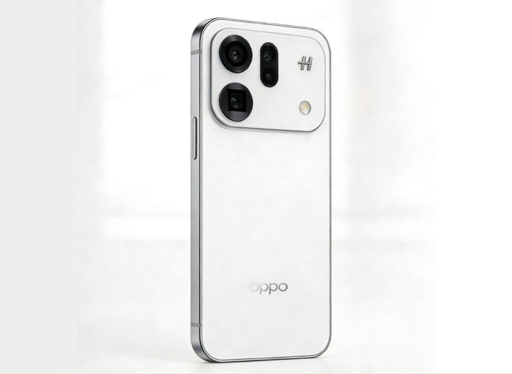 Rendered image of the Oppo Find X9s showing a white rear panel with a rectangular camera module, featuring three rear cameras, an LED flash, and Hasselblad branding, with a flat metal frame and Oppo logo at the bottom.