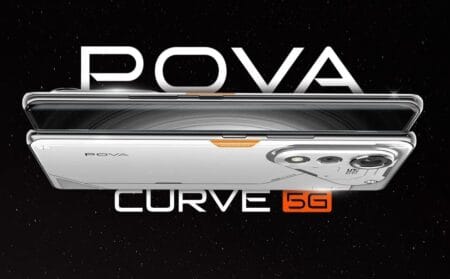A promotional image showcasing the Tecno Pova Curve 5G smartphone. The phone, in a sleek silver design, is displayed in a slightly angled, overlapping position against a black background speckled with white dots, reminiscent of a night sky. The phone's branding, 'POVA' and 'CURVE 5G,' is prominently featured.