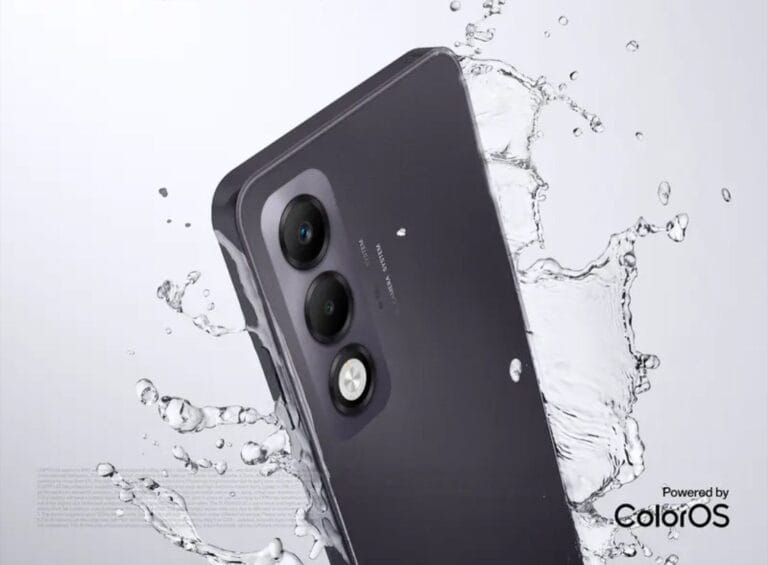 Close-up of the back of a dark purple Oppo A5i Pro smartphone partially submerged in splashing water, highlighting its water resistance and sleek design. The phone's triple-lens camera system is visible. l The text "Powered by ColorOS" is visible in the bottom right corner.