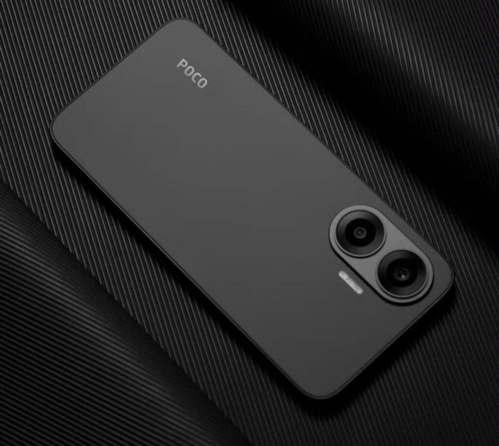 Poco F7 5G Expected to Launch in India by the End of June 2 Black Poco F7 smartphone displayed on a dark textured surface, showcasing its rear camera design.