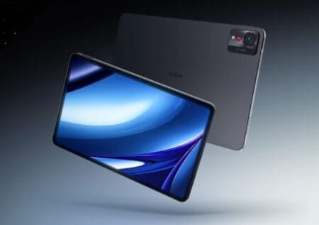 A sleek, dark gray Nubia Pad Pro tablet is shown floating slightly above a similar tablet lying flat, showcasing its design and large screen.