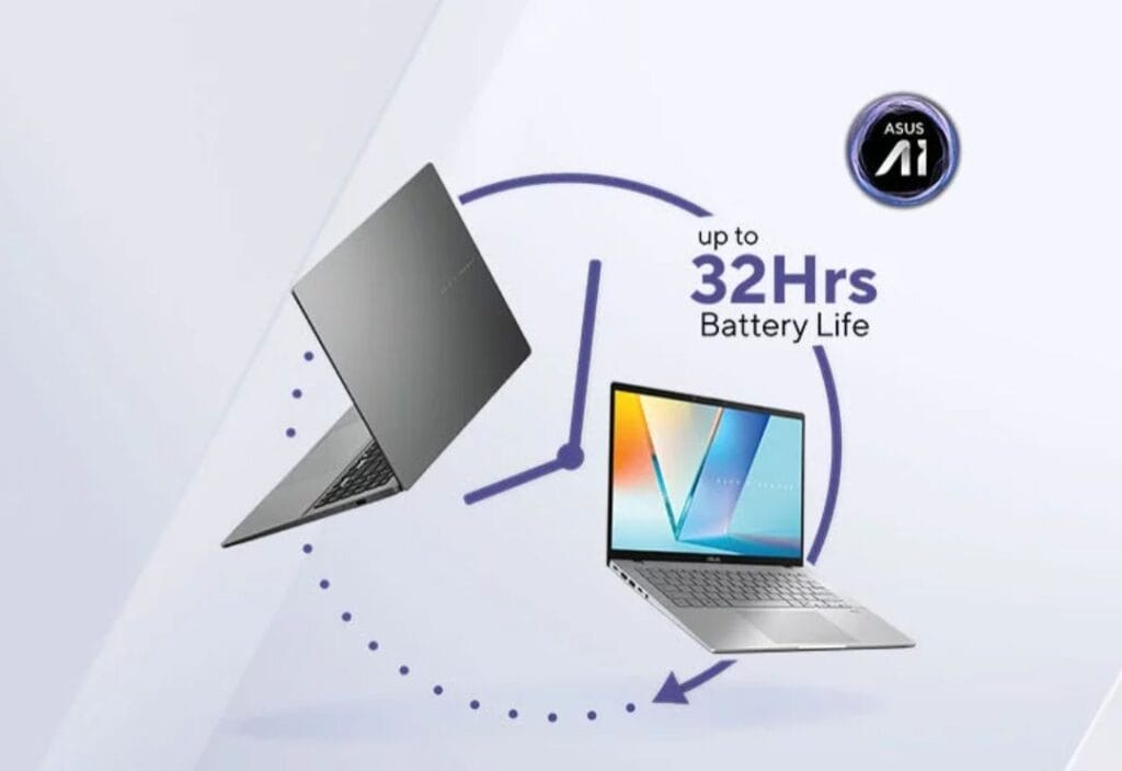 Asus Vivobook S14 & S16 Series Officially Launched in the Philippines 1 Two silver Asus Vivobook S14 laptops are shown, one open and one closed, orbiting a clock graphic indicating up to 32 hours of battery life. The Asus AI logo is also featured.