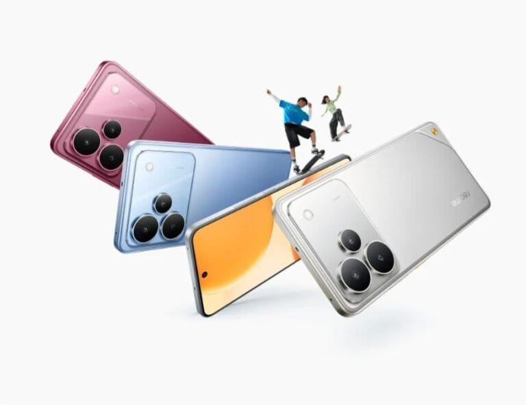 Four Realme P4 5G smartphones in different colors (pink, blue, orange, silver) arranged diagonally, with two people skateboarding in the background.